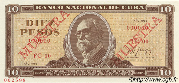 10 Pesos Spécimen CUBA  1986 P.104s NEUF