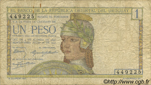 1 Peso URUGUAY  1930 P.017a B à TB