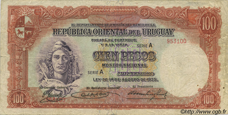 100 Pesos URUGUAY  1935 P.031b TB