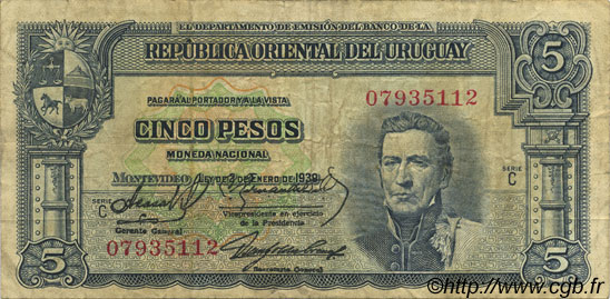 5 Pesos URUGUAY  1939 P.036b TB