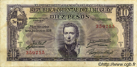 10 Pesos URUGUAY  1939 P.037d pr.TTB