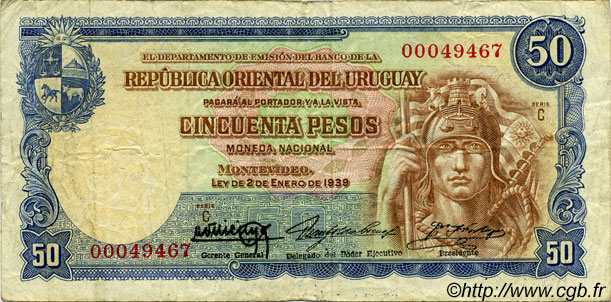 50 Pesos URUGUAY  1939 P.038b TB
