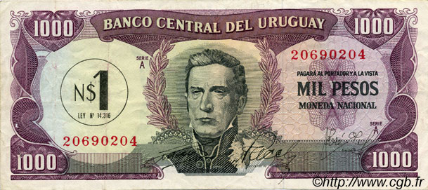1 Nuevo Pesos sur 1000 Pesos URUGUAY  1975 P.055 TTB+