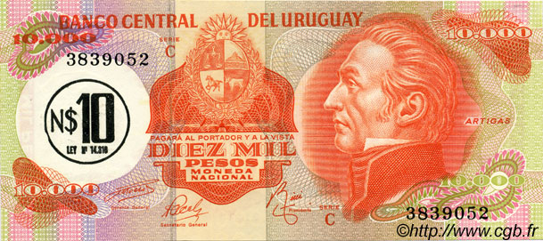 10 Nuevos Pesos sur 10000 Pesos URUGUAY  1975 P.058 pr.NEUF