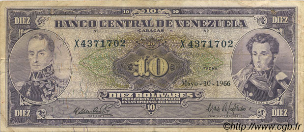 10 Bolivares VENEZUELA  1966 P.045d TB+