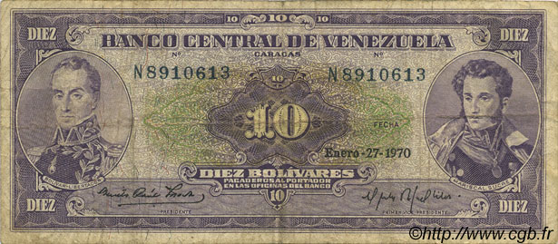 10 Bolivares VENEZUELA  1970 P.045g TB