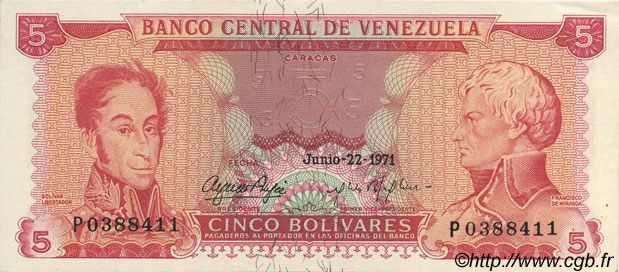 5 Bolivares VENEZUELA  1971 P.050e SPL
