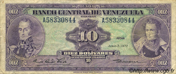 10 Bolivares VENEZUELA  1977 P.051f TB