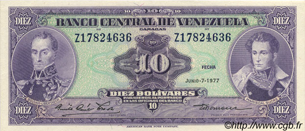10 Bolivares VENEZUELA  1977 P.051f SPL