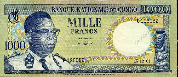 1000 Francs RÉPUBLIQUE DÉMOCRATIQUE DU CONGO  1961 P.008a pr.SUP