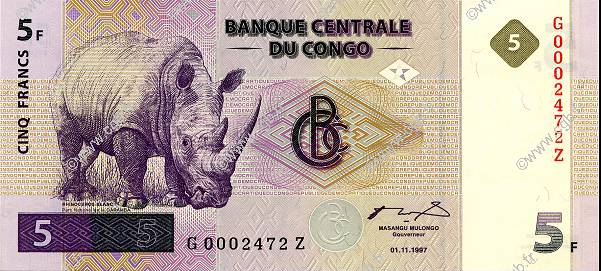 5 Francs RÉPUBLIQUE DÉMOCRATIQUE DU CONGO  1997 P.086a pr.NEUF