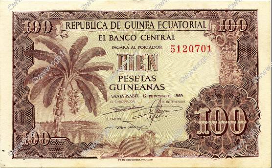 100 Pesetas Guineanas GUINÉE ÉQUATORIALE  1969 P.01 SUP+