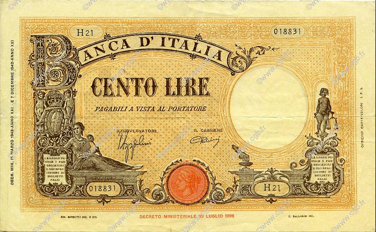 100 Lire ITALIE  1943 P.059 TTB+