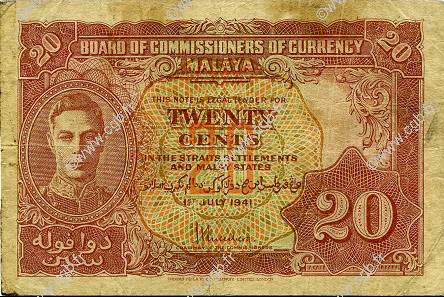 20 Cents MALAYA  1941 P.09a B+