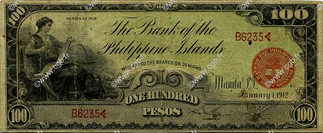 100 Pesos PHILIPPINES  1912 P.011b TB