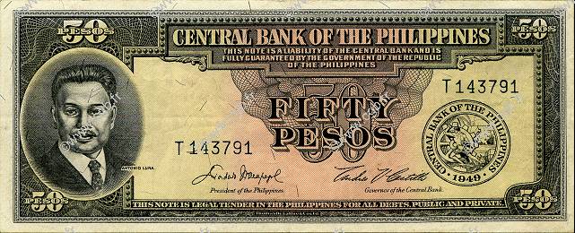 50 Pesos PHILIPPINES  1949 P.138d TTB