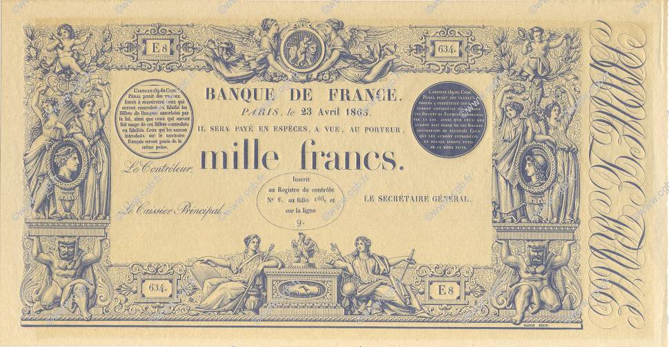 1000 Francs 1862 à la griffe bleue Épreuve FRANCE  1863 F.A36.00 SPL