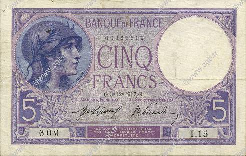 5 Francs FEMME CASQUÉE FRANCE  1917 F.03.01 TTB