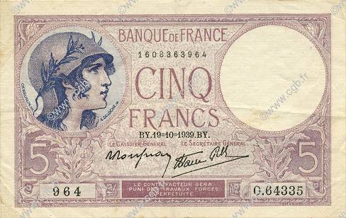 5 Francs FEMME CASQUÉE modifié FRANCE  1939 F.04.12 TTB