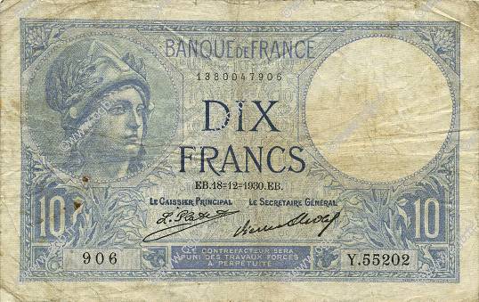 10 Francs MINERVE FRANCE  1930 F.06.14 TB