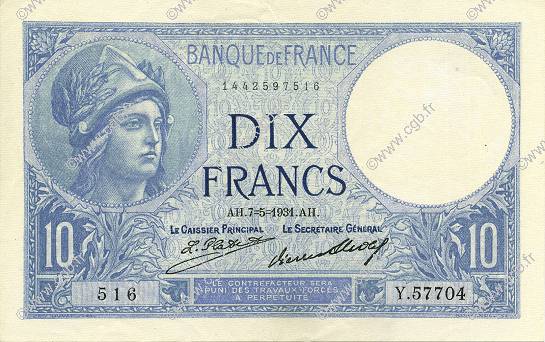 10 Francs MINERVE FRANCE  1931 F.06.15 pr.SPL