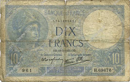 10 Francs MINERVE modifié FRANCE  1939 F.07.03 B