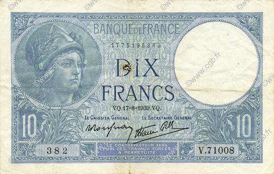 10 Francs MINERVE modifié FRANCE  1939 F.07.05 TTB