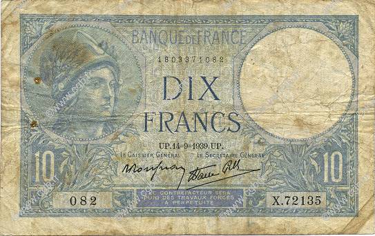 10 Francs MINERVE modifié FRANCE  1939 F.07.07 B+