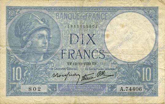 10 Francs MINERVE modifié FRANCE  1939 F.07.11 TTB
