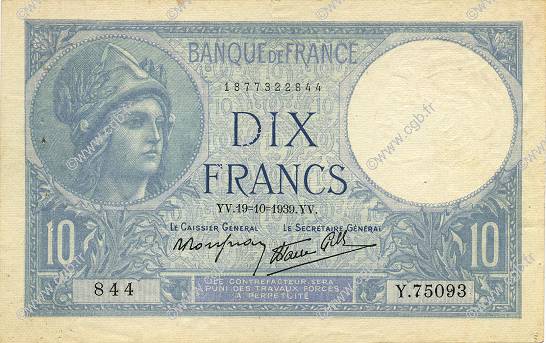 10 Francs MINERVE modifié FRANCE  1939 F.07.12 TTB