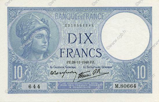 10 Francs MINERVE modifié FRANCE  1940 F.07.22 pr.SPL