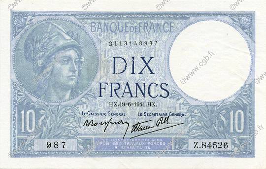 10 Francs MINERVE modifié FRANCE  1941 F.07.29 pr.SPL