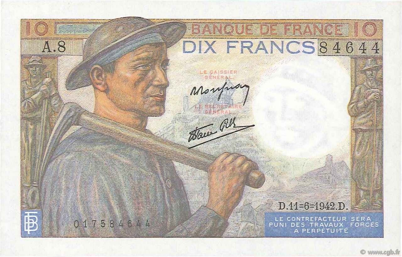 10 Francs MINEUR FRANKREICH  1942 F.08.03 fST+