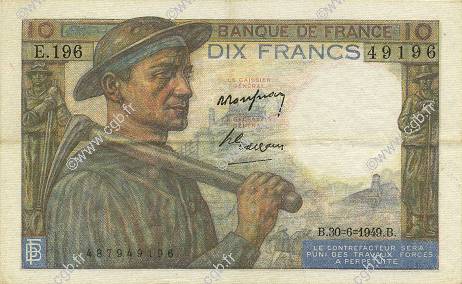 10 Francs MINEUR FRANCE  1949 F.08.22 TTB à SUP