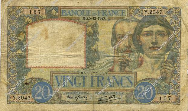 20 Francs TRAVAIL ET SCIENCE FRANCE  1940 F.12.10 TB