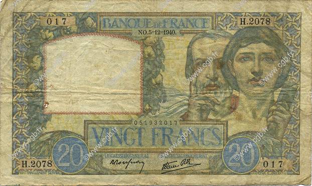 20 Francs TRAVAIL ET SCIENCE FRANCE  1940 F.12.10 B+