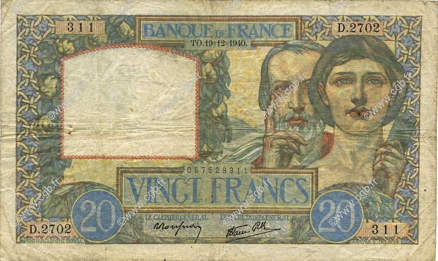 20 Francs TRAVAIL ET SCIENCE FRANCE  1940 F.12.11 TB