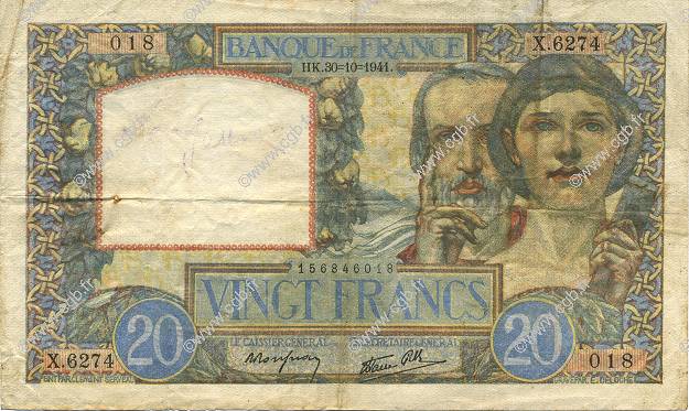 20 Francs TRAVAIL ET SCIENCE FRANCE  1941 F.12.19 pr.TTB