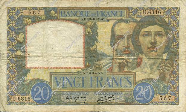 20 Francs TRAVAIL ET SCIENCE FRANCIA  1941 F.12.19 MBC