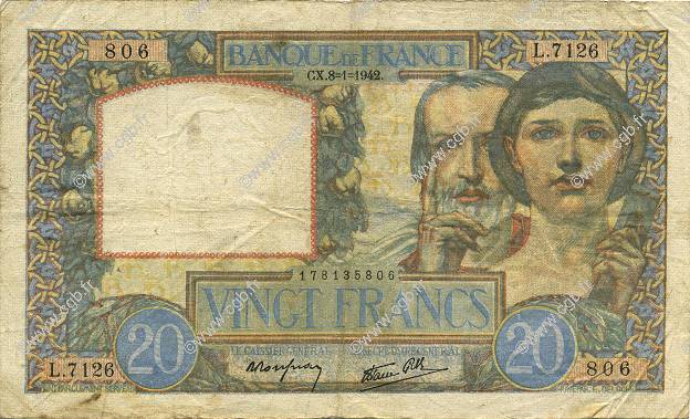20 Francs TRAVAIL ET SCIENCE FRANCE  1942 F.12.21 TB+