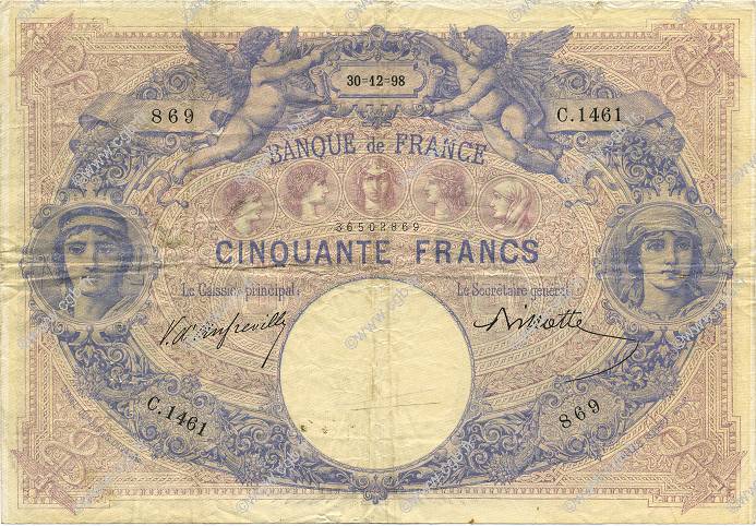 50 Francs BLEU ET ROSE FRANCE  1898 F.14.10 TB+