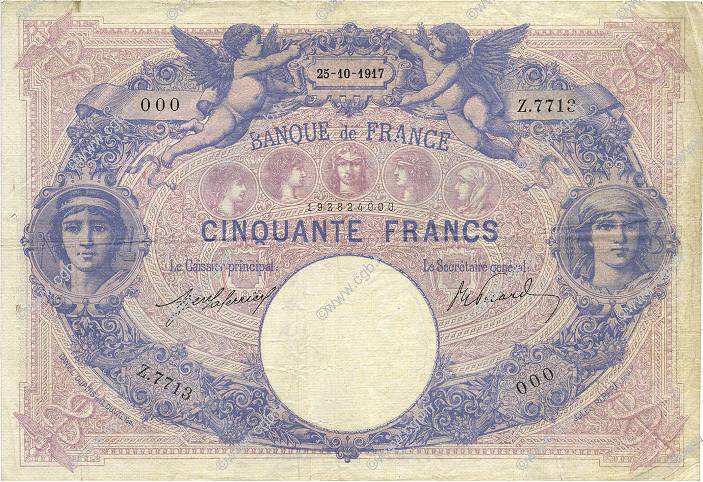 50 Francs BLEU ET ROSE Numéro spécial FRANCE  1917 F.14.30 pr.TTB
