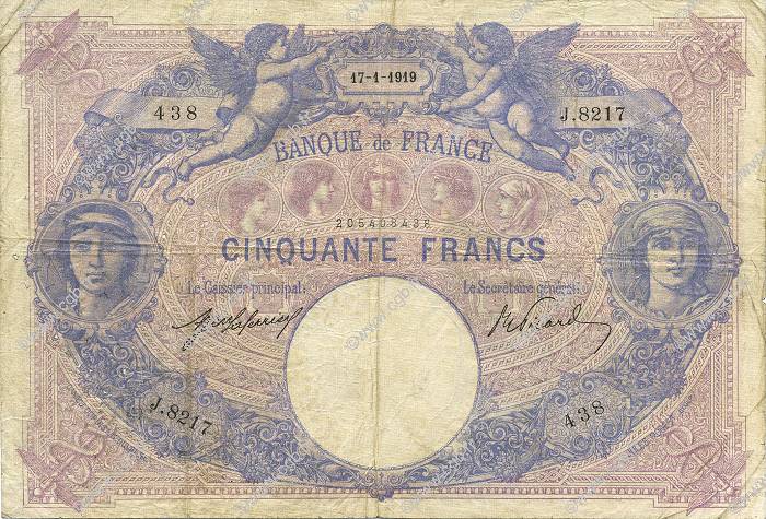 50 Francs BLEU ET ROSE FRANCE  1919 F.14.32 TB