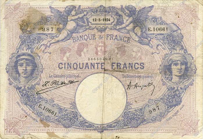 50 Francs BLEU ET ROSE FRANCE  1924 F.14.37 TB
