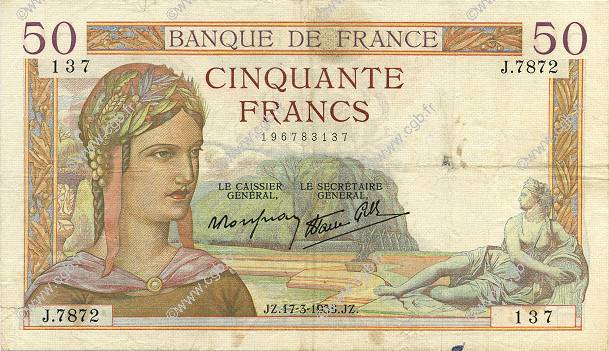 50 Francs CÉRÈS modifié FRANCE  1938 F.18.10 TB+