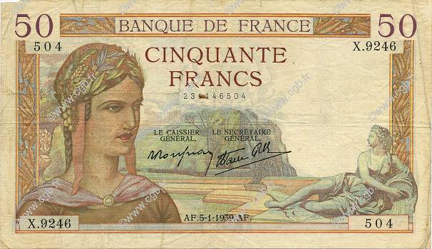 50 Francs CÉRÈS modifié FRANCE  1939 F.18.19 TB+