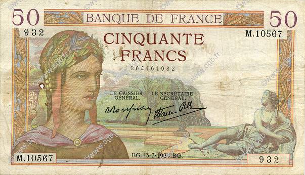 50 Francs CÉRÈS modifié FRANCE  1939 F.18.28 TB+