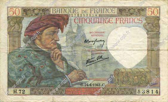 50 Francs JACQUES CŒUR FRANCE  1941 F.19.09 TTB