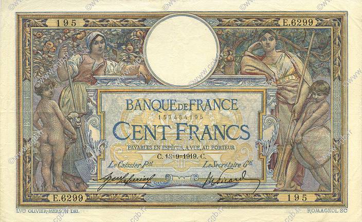 100 Francs LUC OLIVIER MERSON sans LOM FRANCE  1919 F.23.11 TTB+