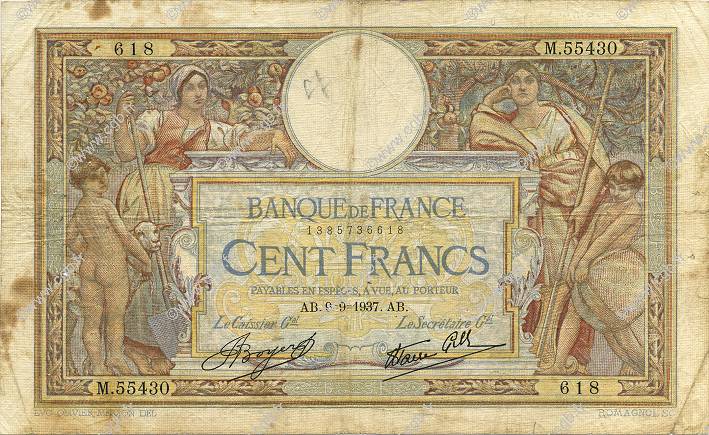 100 Francs LUC OLIVIER MERSON type modifié FRANCE  1937 F.25.01 B